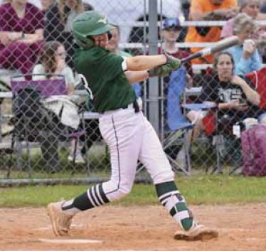 Casen Holmes (13) gets a hit for the Rams in Tuesday night's loss to Sylva Bay.